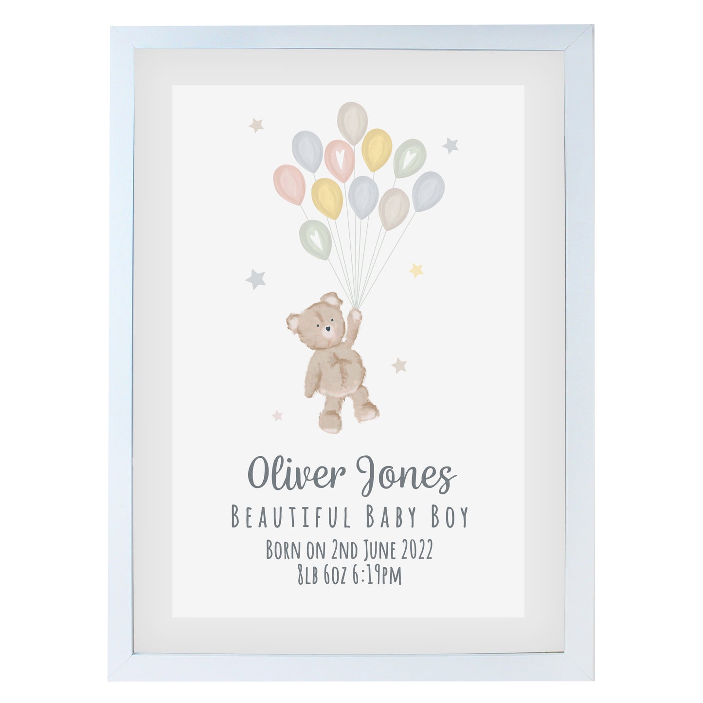 Personalised Teddy & Balloons White Framed Print (New Baby) - A3