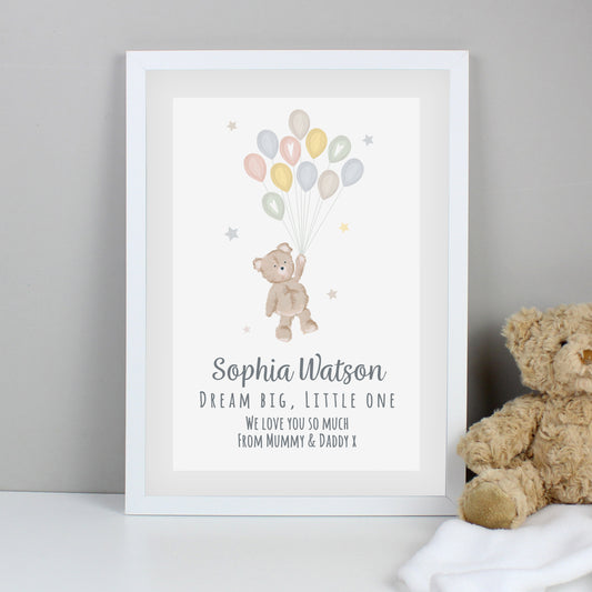 Personalised Teddy & Balloons White Framed Print (New Baby) - A3