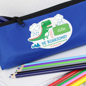 Personalised 'Be Roarsome' Blue Dinosaur Pencil Case