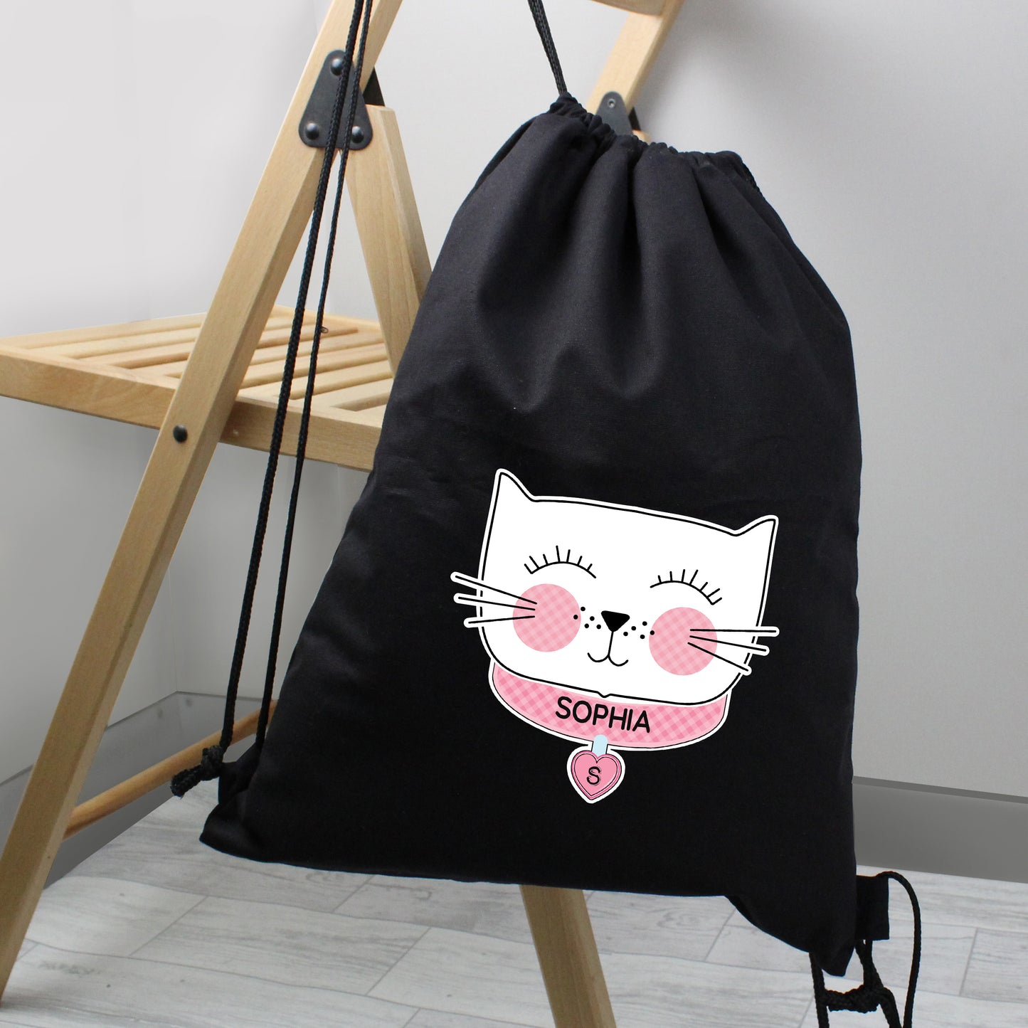 Personalised Cute Cat Black Swim / Gym / Kit Bag