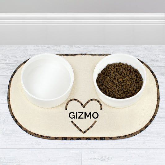 Personalised Brown Love Heart Pet Bowl Placemat (Microfiber)