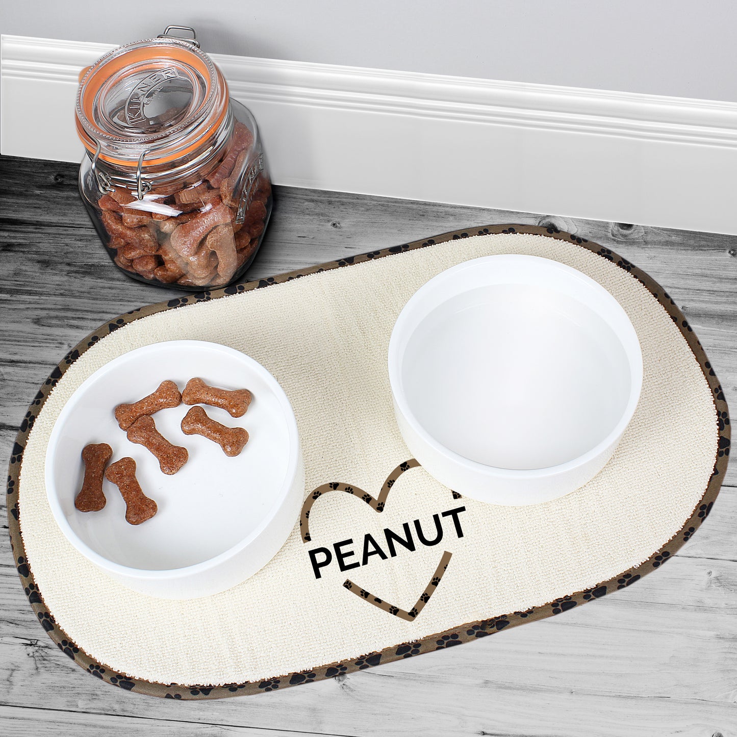 Personalised Brown Love Heart Pet Bowl Placemat (Microfiber)