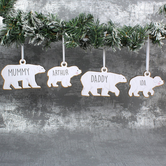 Personalised Polar Bear Family Wooden Hanging Decorations - Set of Four