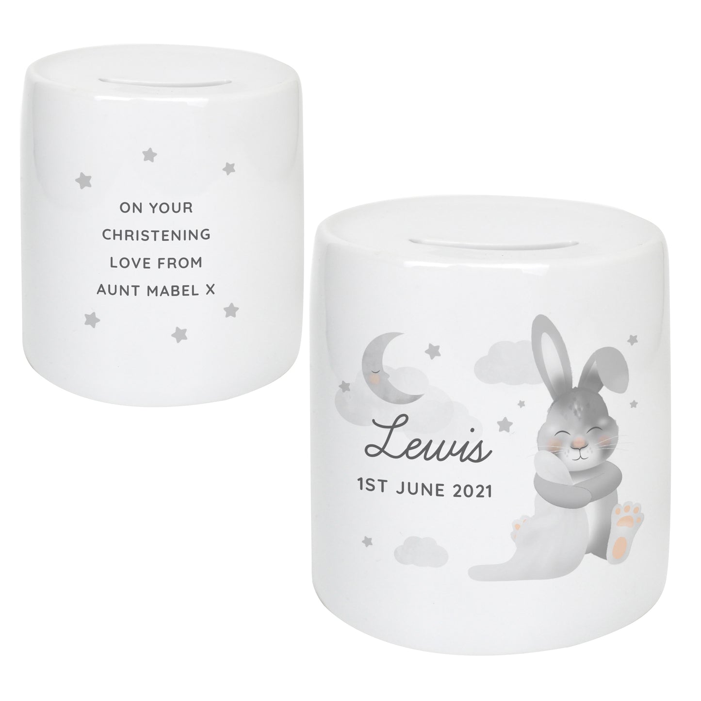 Personalised Sleepy Baby Bunny Ceramic Money Box