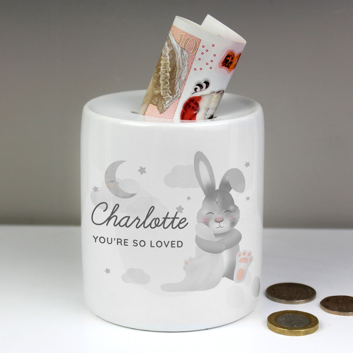 Personalised Sleepy Baby Bunny Ceramic Money Box
