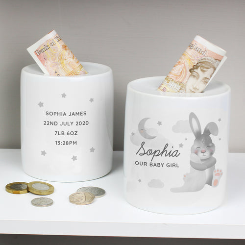 Personalised Sleepy Baby Bunny Ceramic Money Box