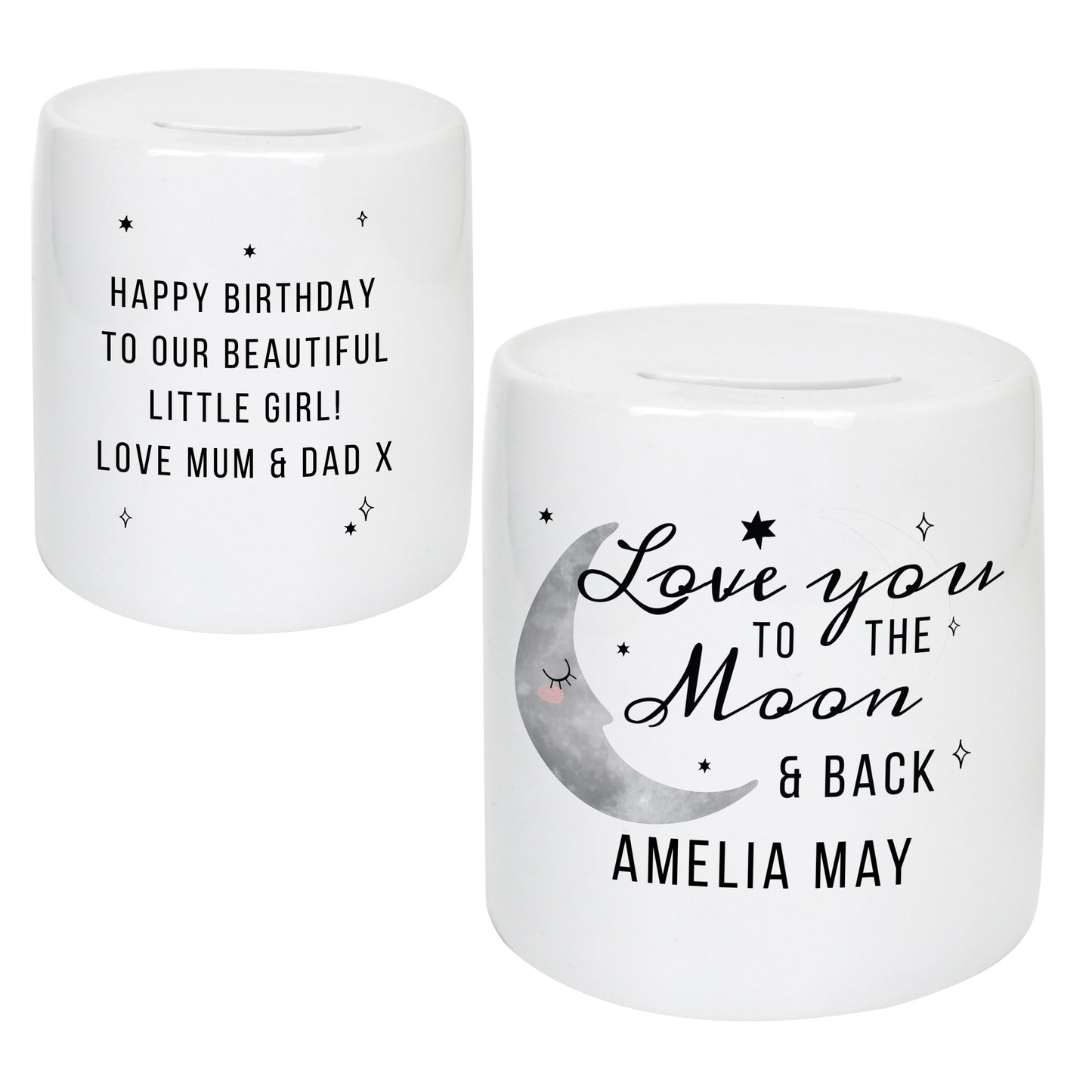 Personalised 'To the Moon and Back' Ceramic Money Box