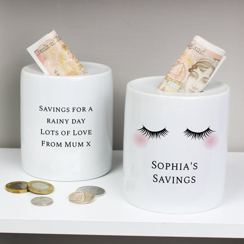 Personalised Eyelash Design Ceramic Money Box