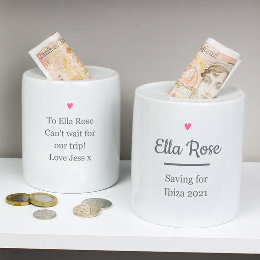 Personalised Pink Heart Motif Ceramic Money Box