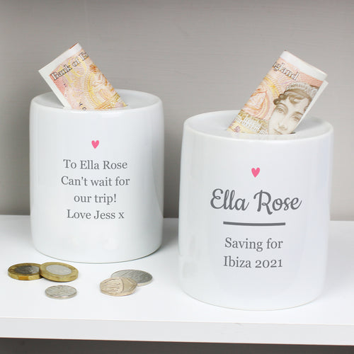Personalised Pink Heart Motif Ceramic Money Box
