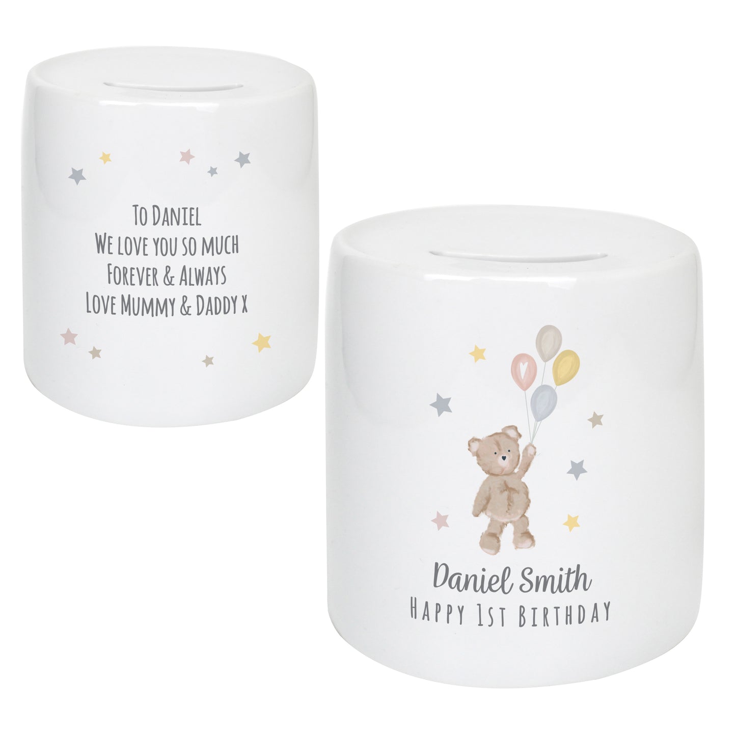 Personalised Teddy & Balloons Ceramic Money Box