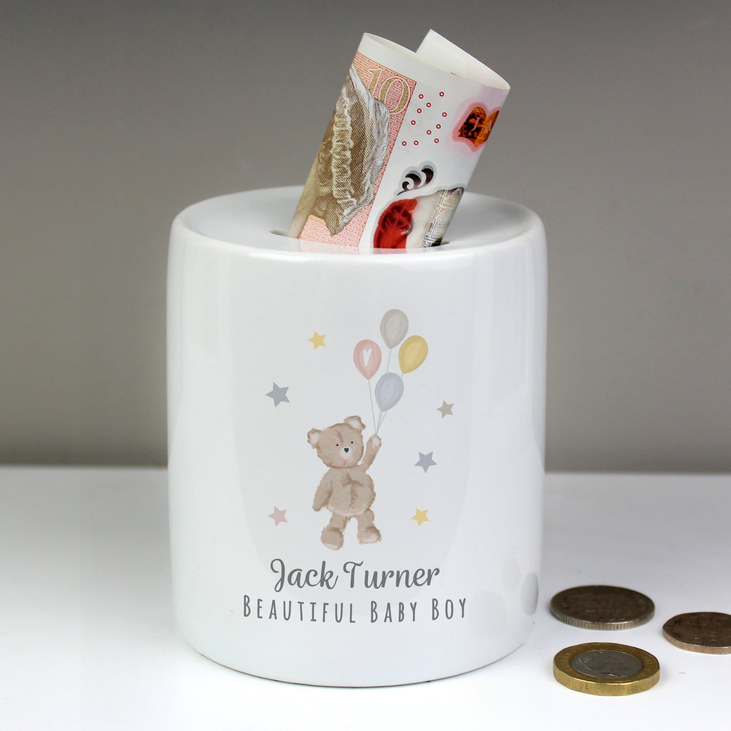 Personalised Teddy & Balloons Ceramic Money Box