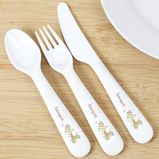 Personalised 3 Piece Hessian Giraffe Plastic Cutlery Set for Children