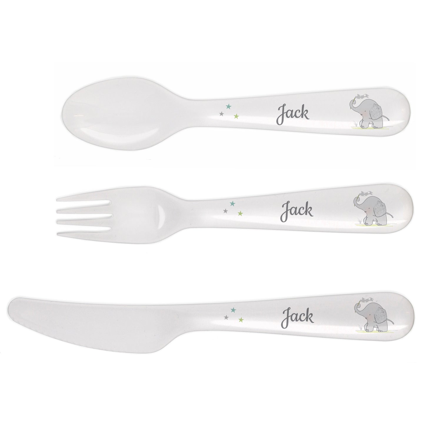 Personalised 3 Piece Hessian Elephant Plastic Cutlery Set for Children