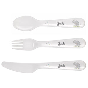 Personalised 3 Piece Hessian Elephant Plastic Cutlery Set for Children