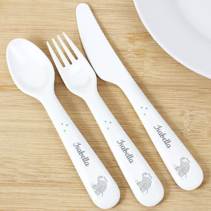Personalised 3 Piece Hessian Elephant Plastic Cutlery Set for Children