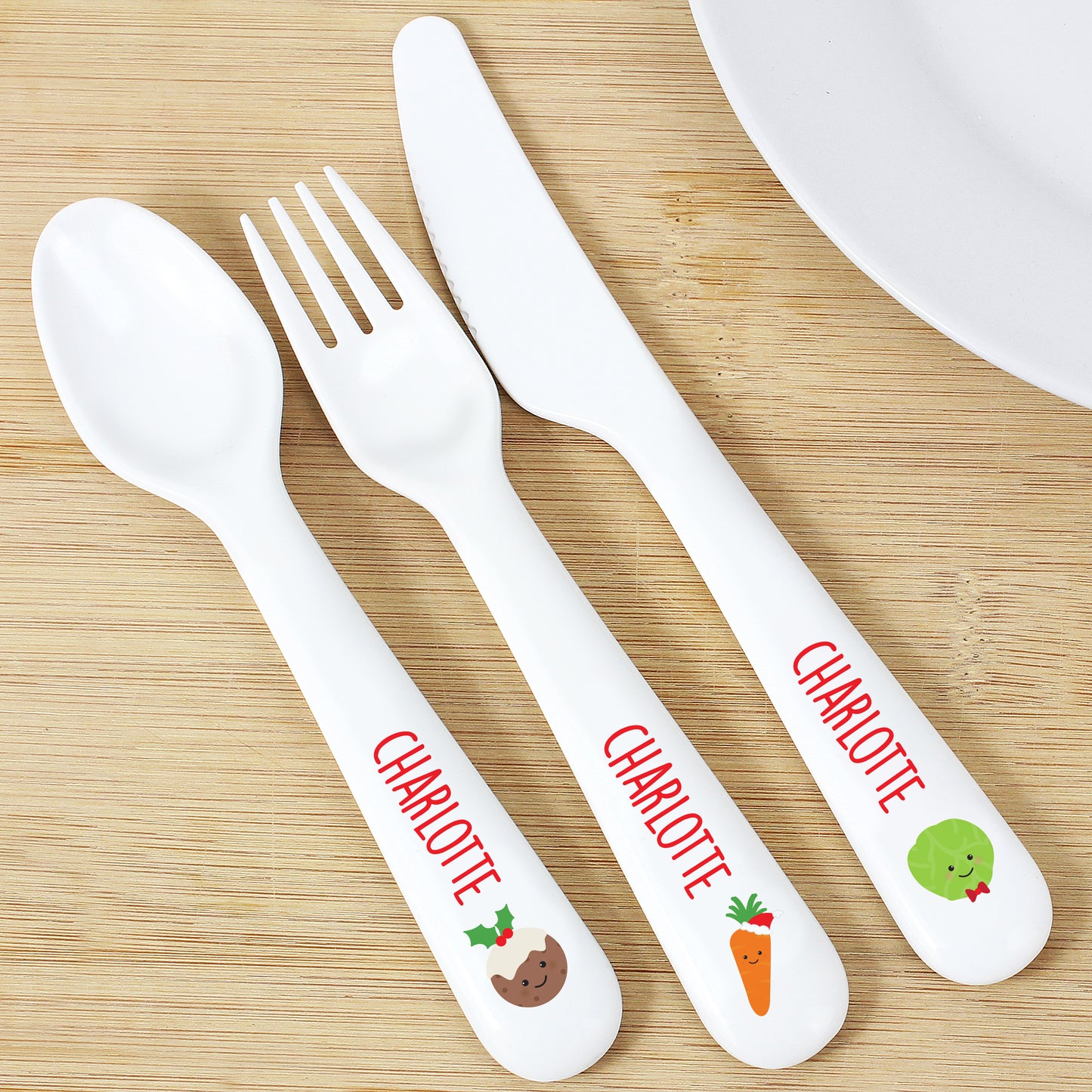 Personalised 3 Piece Christmas Dinner Plastic Cutlery Set for Children