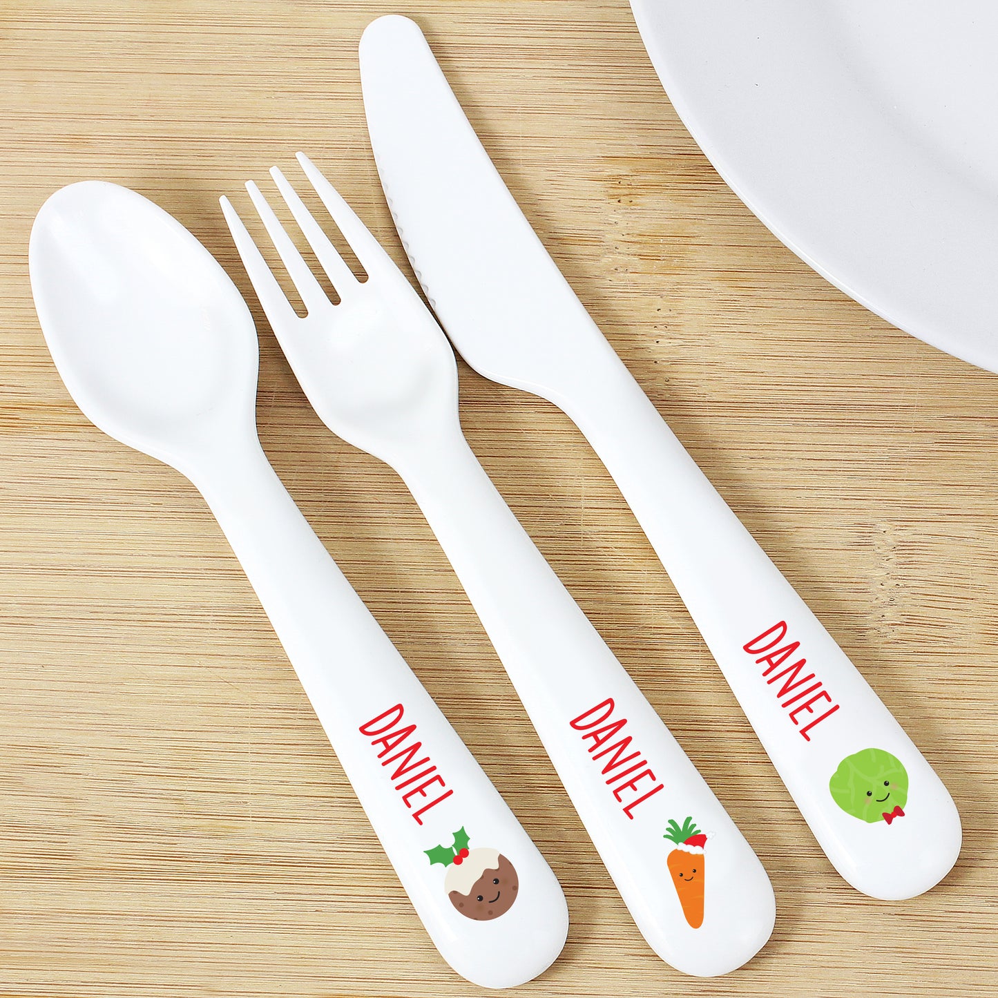 Personalised 3 Piece Christmas Dinner Plastic Cutlery Set for Children