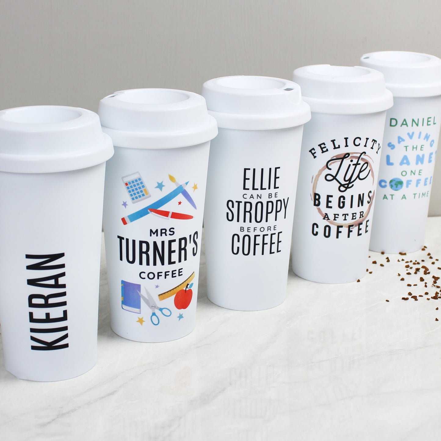 Personalised 'Life Begins After Coffee' Double Walled Plastic Travel Mug