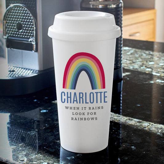 Personalised Rainbow Double Walled Plastic Travel Mug