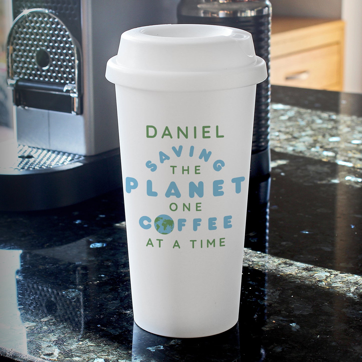 Personalised 'Saving the Planet' Double Walled Plastic Travel Mug