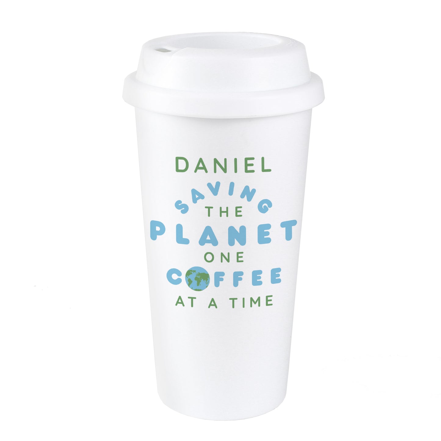 Personalised 'Saving the Planet' Double Walled Plastic Travel Mug