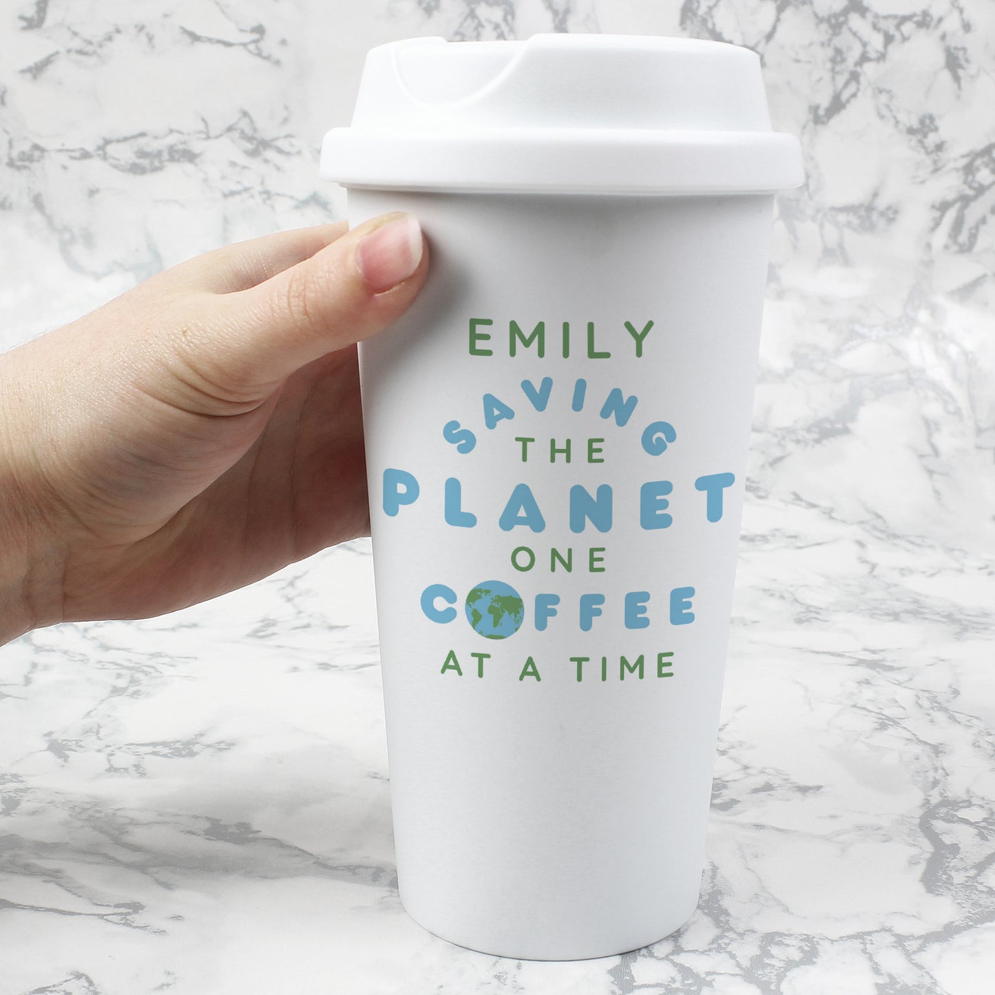 Personalised 'Saving the Planet' Double Walled Plastic Travel Mug