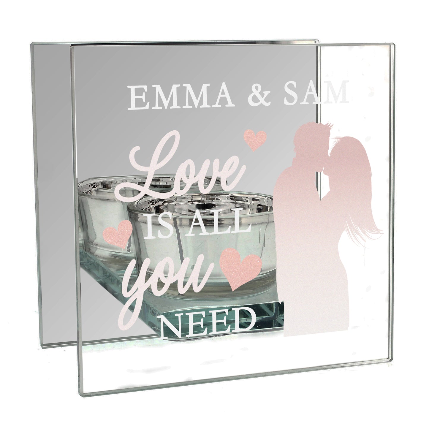 Personalised 'Love is All You Need' Mirrored Glass Tea Light Candle Holder