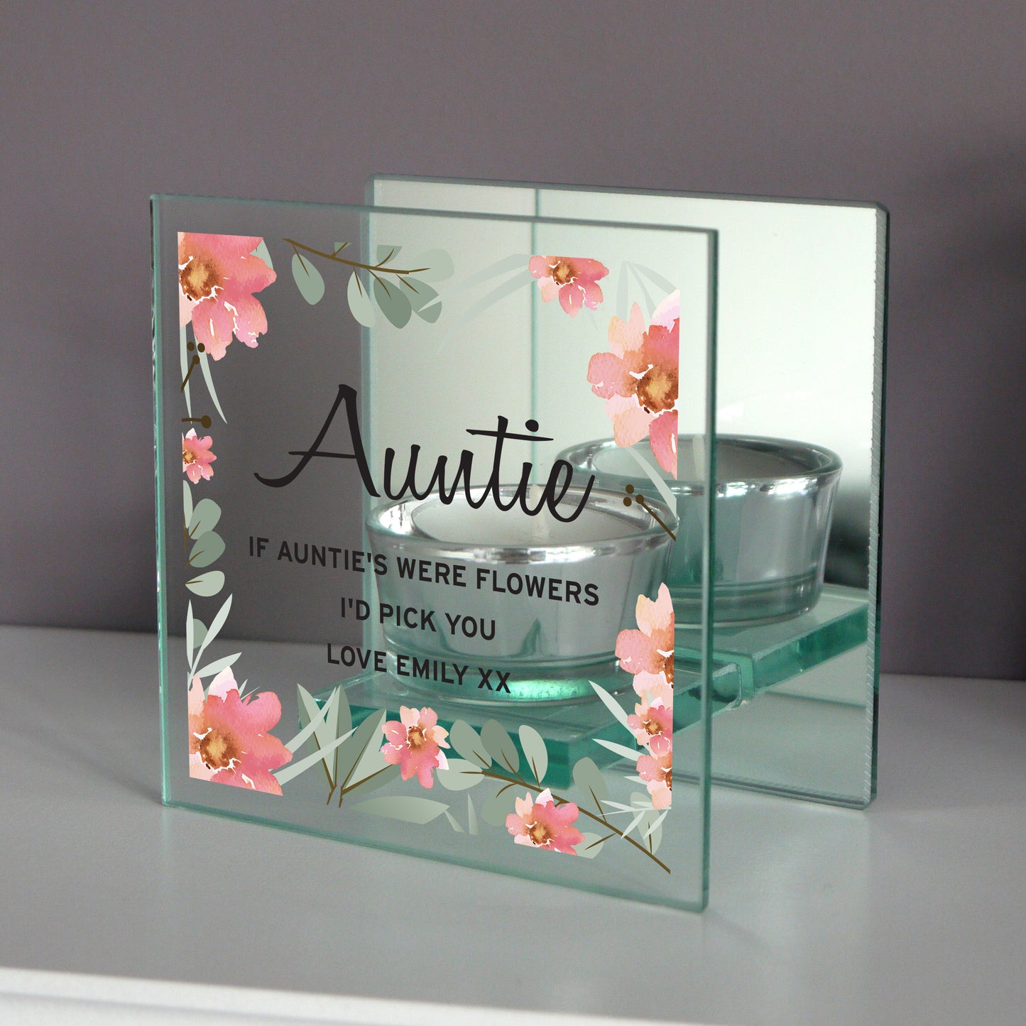 Personalised Floral Sentimental Mirrored Glass Tea Light Candle Holder - Any Occasion