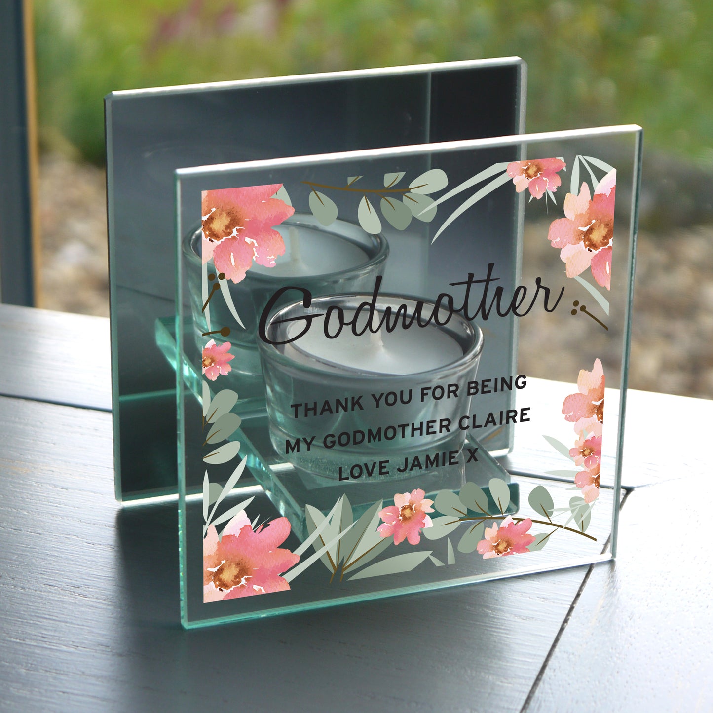 Personalised Floral Sentimental Mirrored Glass Tea Light Candle Holder - Any Occasion