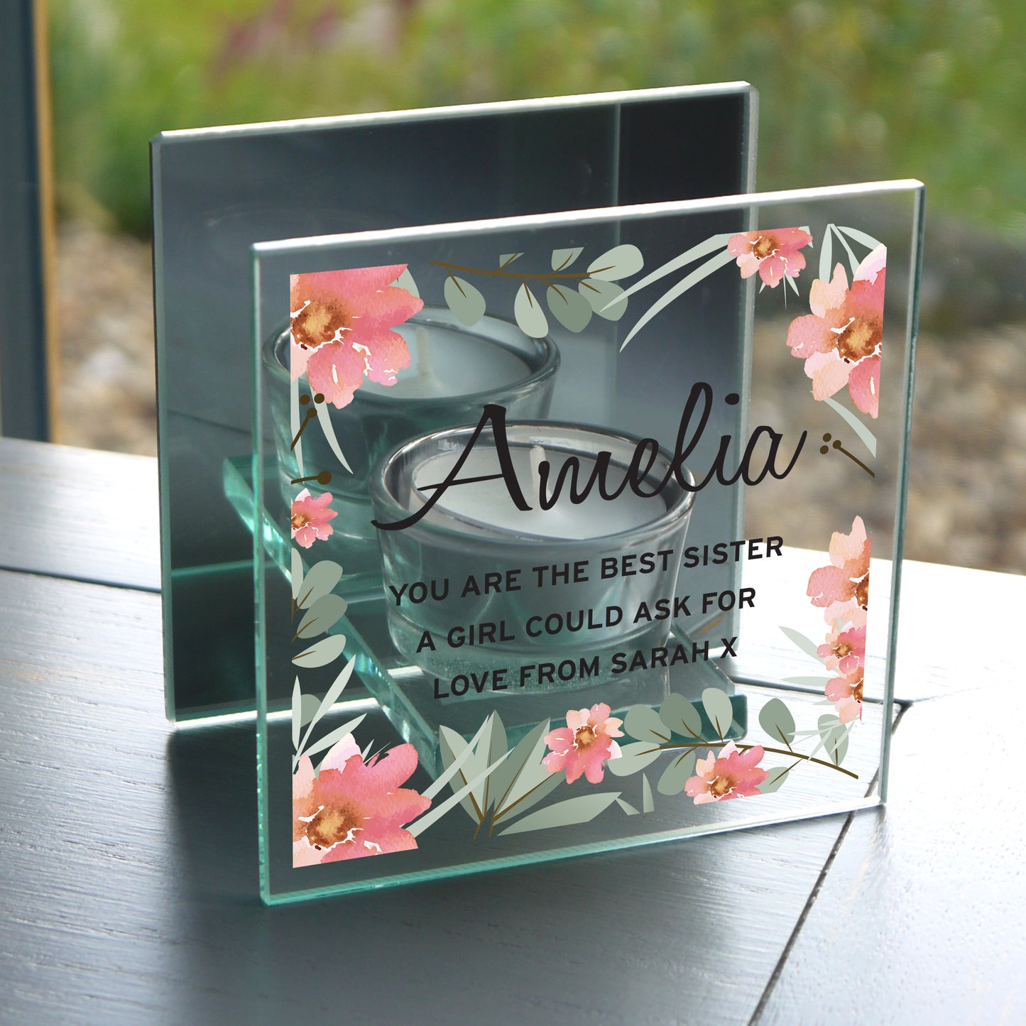 Personalised Floral Sentimental Mirrored Glass Tea Light Candle Holder - Any Occasion