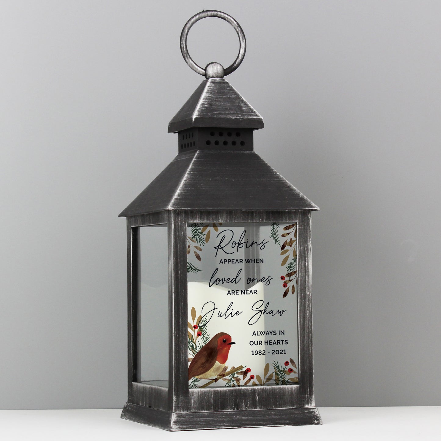 Personalised 'Robins Appear...' Black LED Memorial Lantern