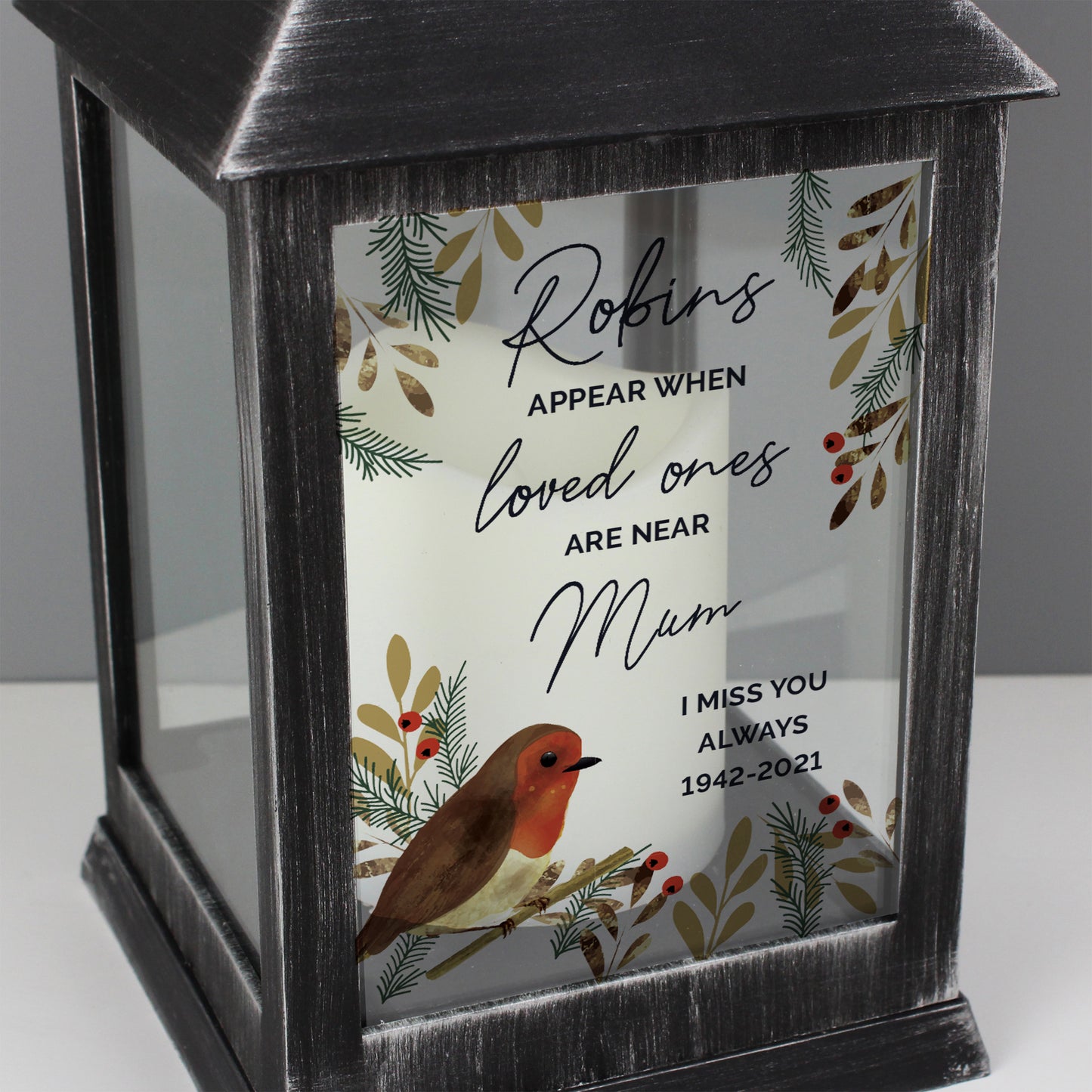 Personalised 'Robins Appear...' Black LED Memorial Lantern