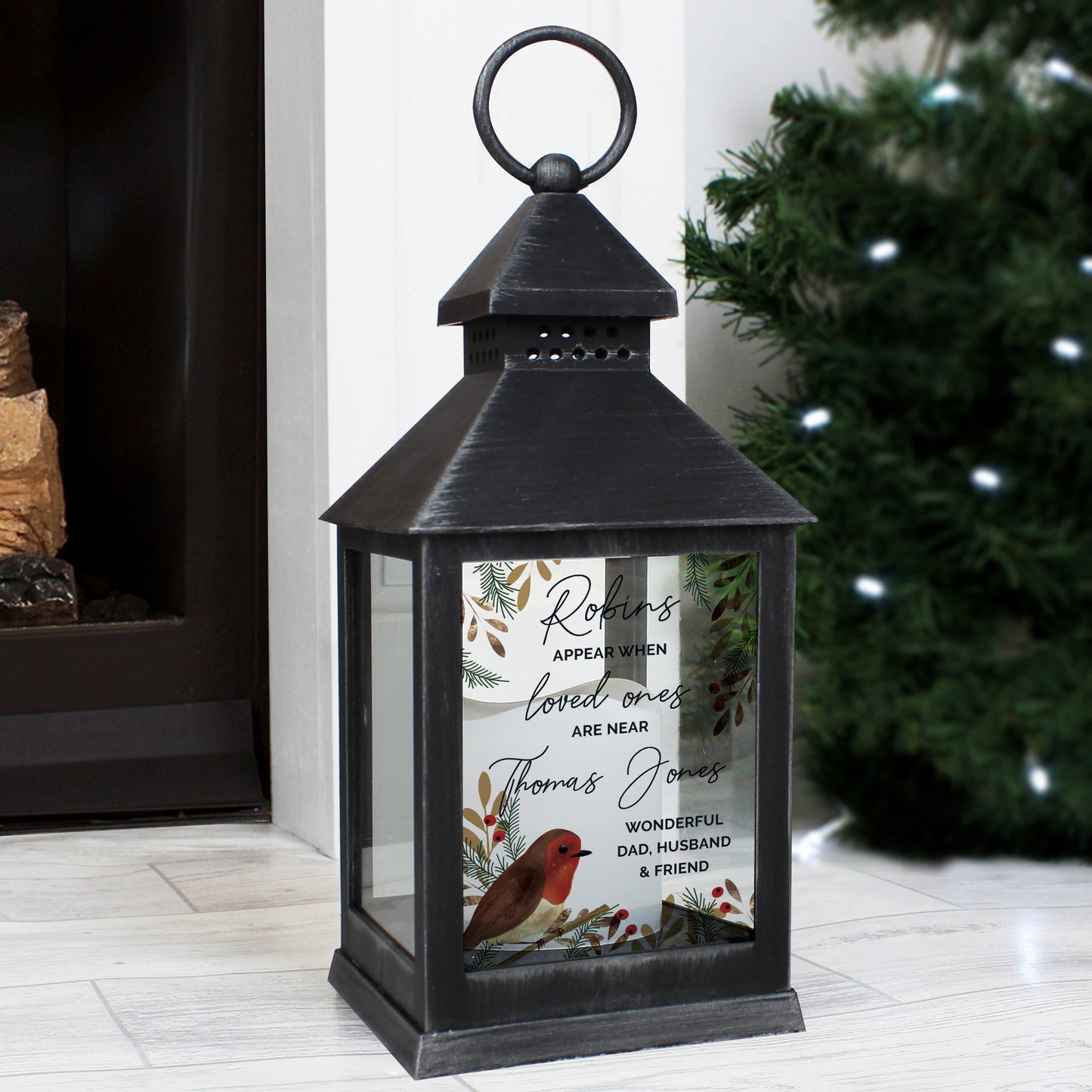 Personalised 'Robins Appear...' Black LED Memorial Lantern