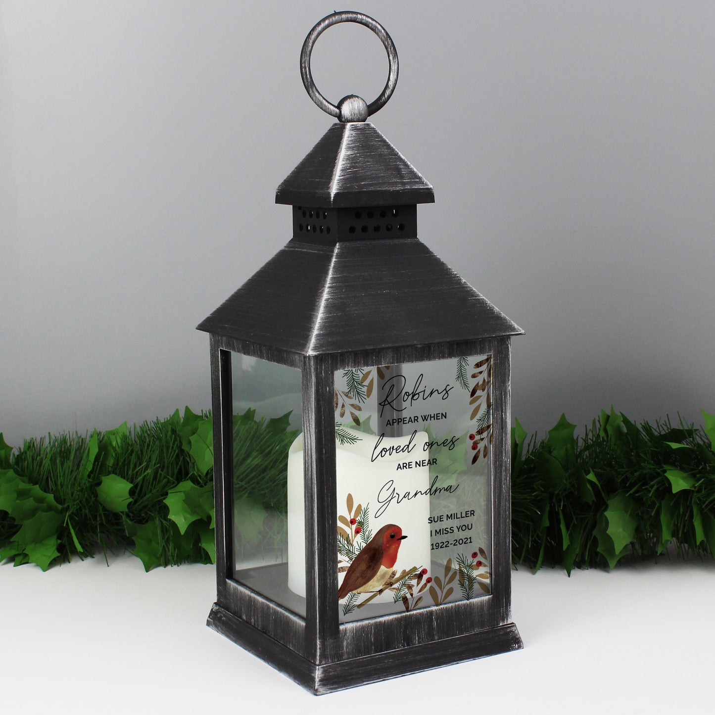 Personalised 'Robins Appear...' Black LED Memorial Lantern