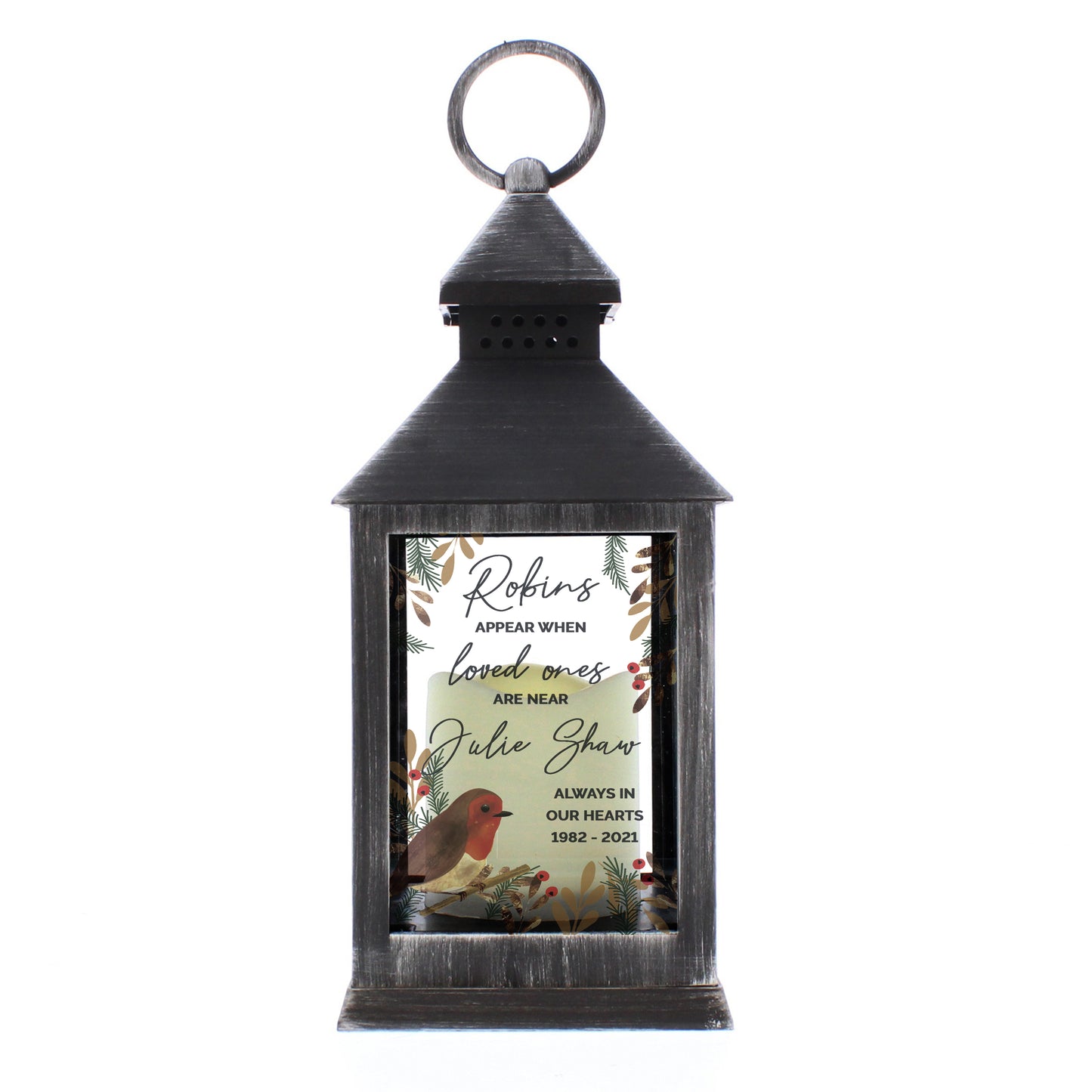 Personalised 'Robins Appear...' Black LED Memorial Lantern