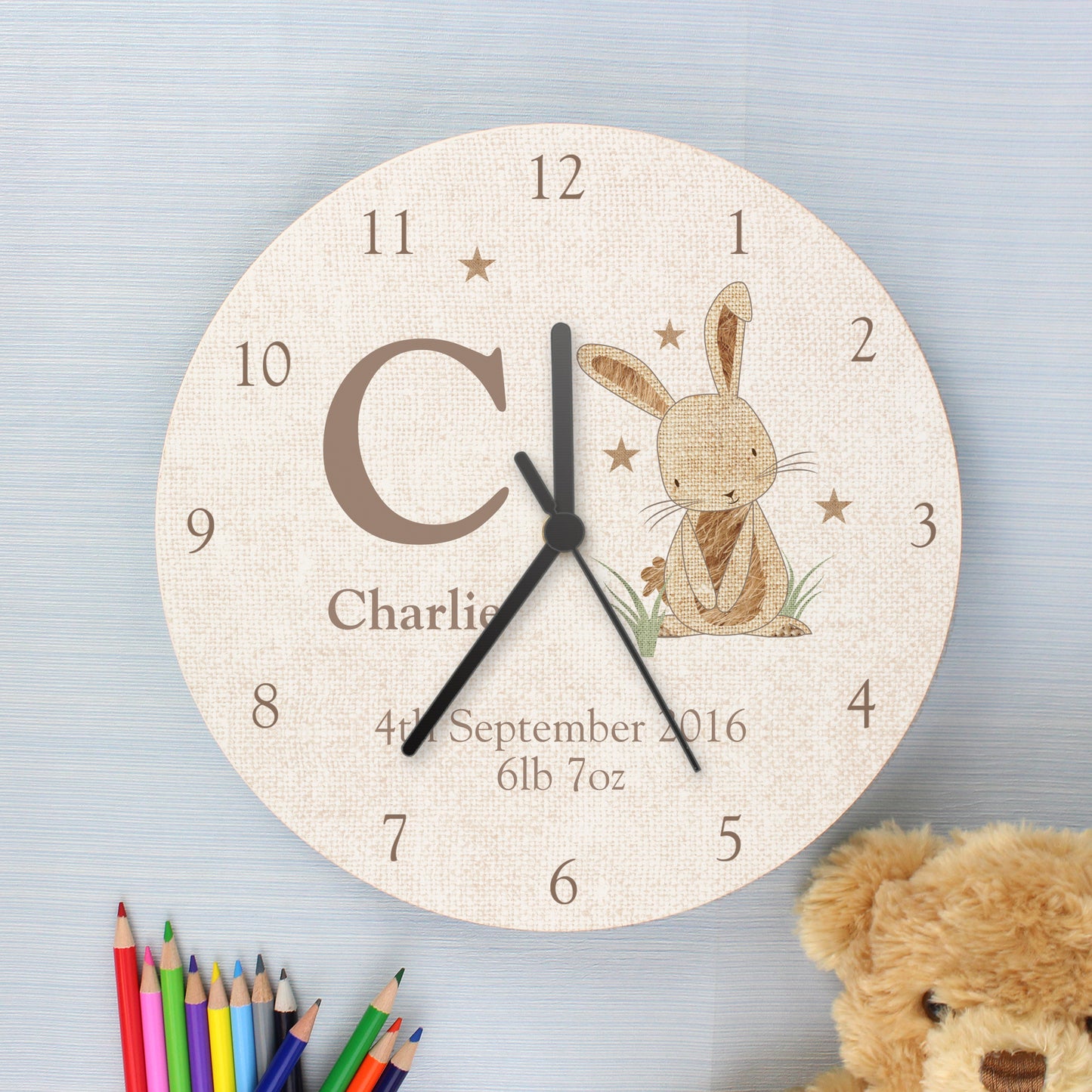 Personalised Hessian Rabbit Shabby Chic Wooden Clock