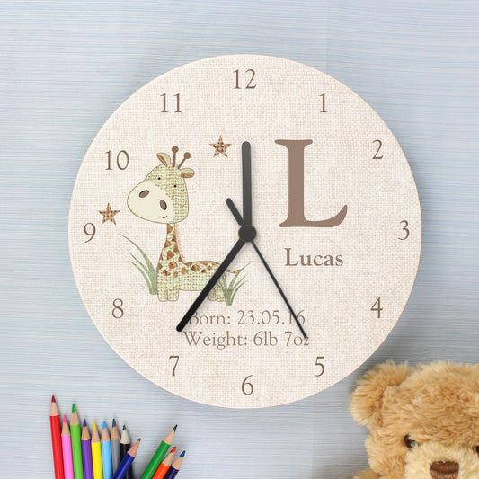 Personalised Hessian Giraffe Shabby Chic Wooden Clock