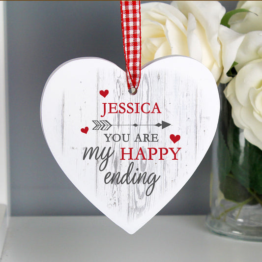 Personalised 'My Happy Ending' Wooden Heart Decoration