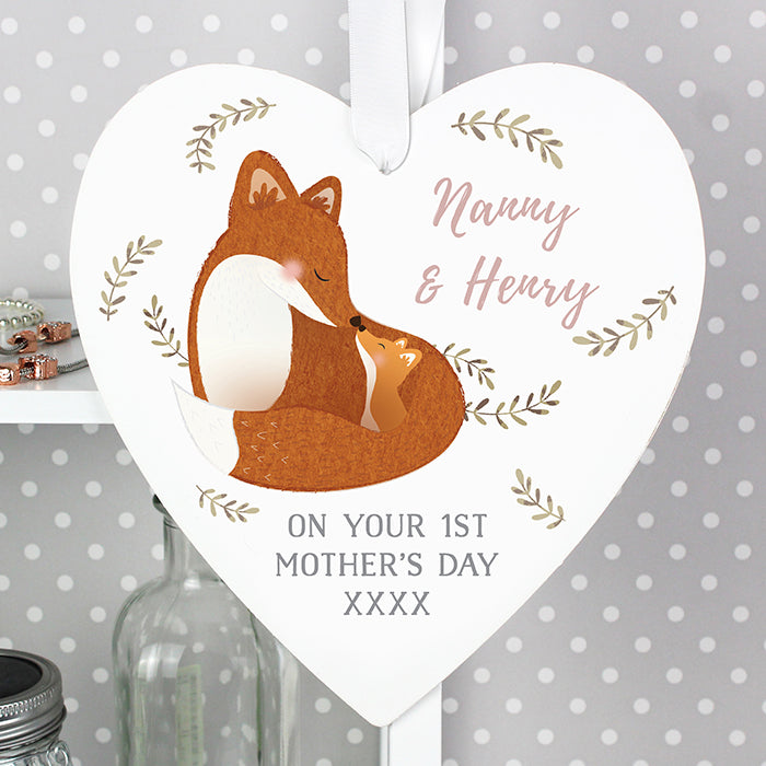 Personalised Mummy and Me Fox Large Hanging Wooden Heart Decoration - Can choose any role (e.g. Aunt, Nanna etc.)