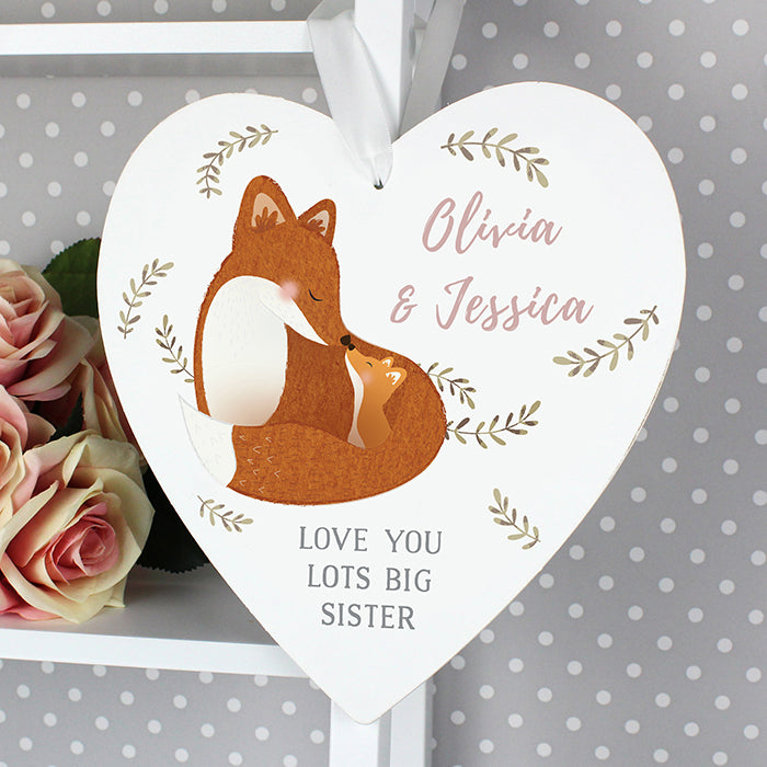 Personalised Mummy and Me Fox Large Hanging Wooden Heart Decoration - Can choose any role (e.g. Aunt, Nanna etc.)