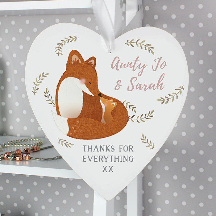 Personalised Mummy and Me Fox Large Hanging Wooden Heart Decoration - Can choose any role (e.g. Aunt, Nanna etc.)