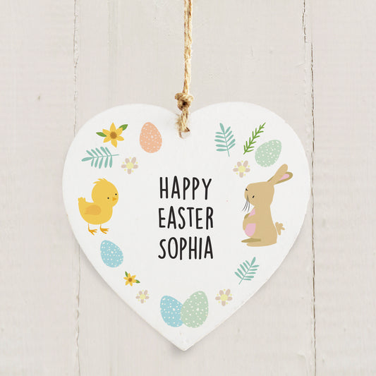 Personalised Easter Bunny & Chick Wooden Heart Decoration