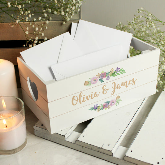 Personalised White Wooden Crate - Floral Design
