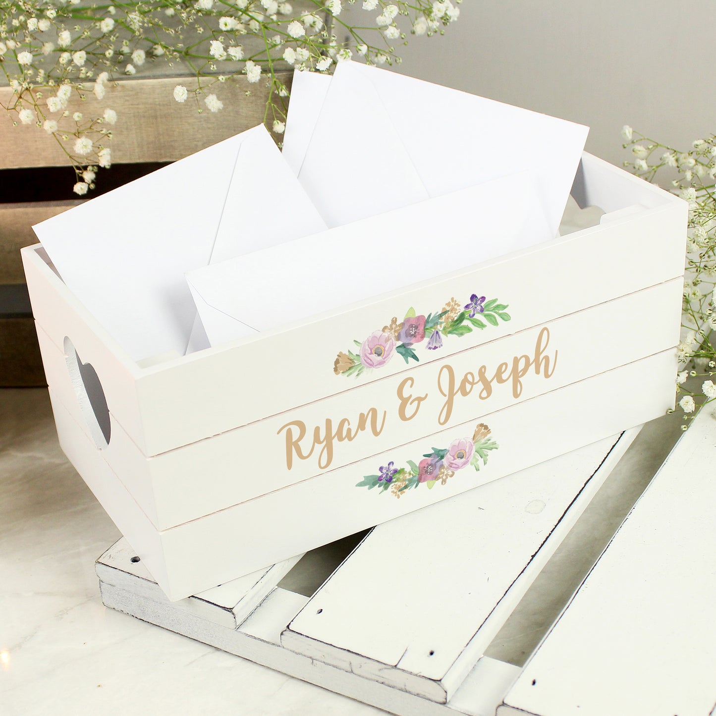 Personalised White Wooden Crate - Floral Design