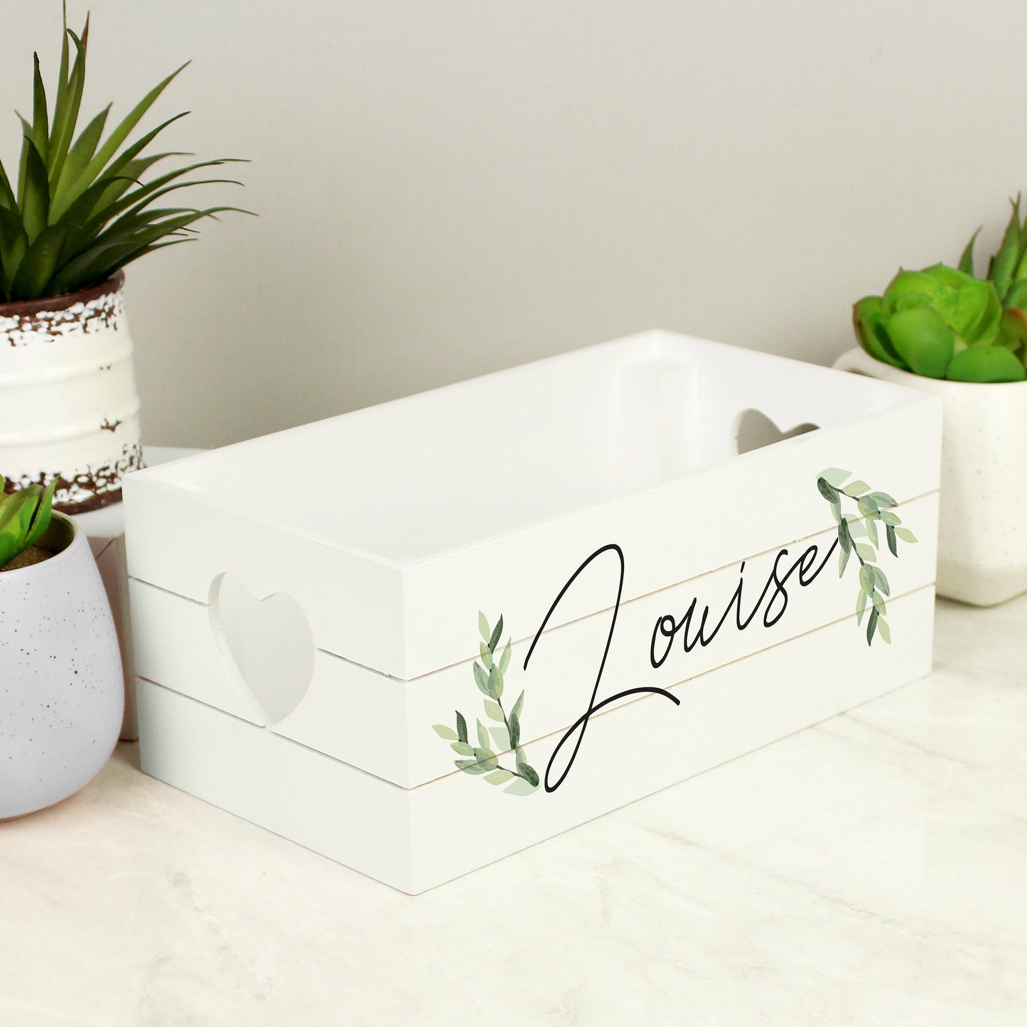 Personalised White Wooden Crate - Botanical Design