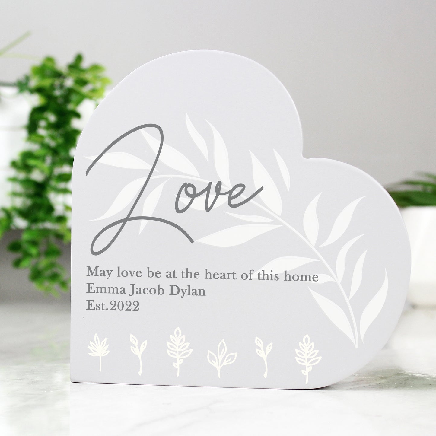 Personalised Leaf Decor Free Standing Wooden Heart Ornament