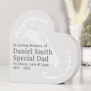 Personalised Feather (Memorial) Free Standing Wooden Heart Ornament