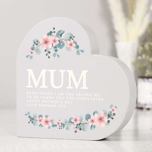 Personalised Floral Free Standing Wooden Heart Ornament