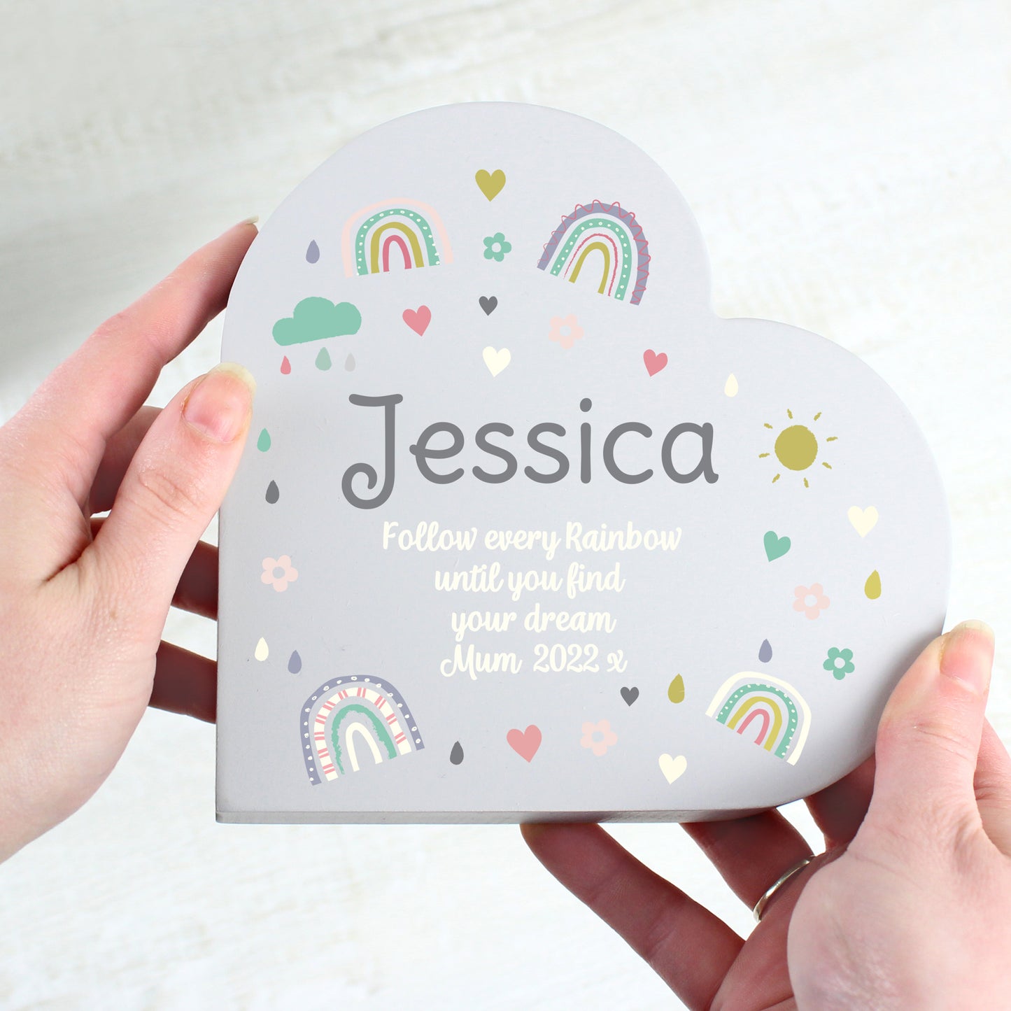 Personalised Rainbow Free Standing Wooden Heart Ornament - perfect for Children